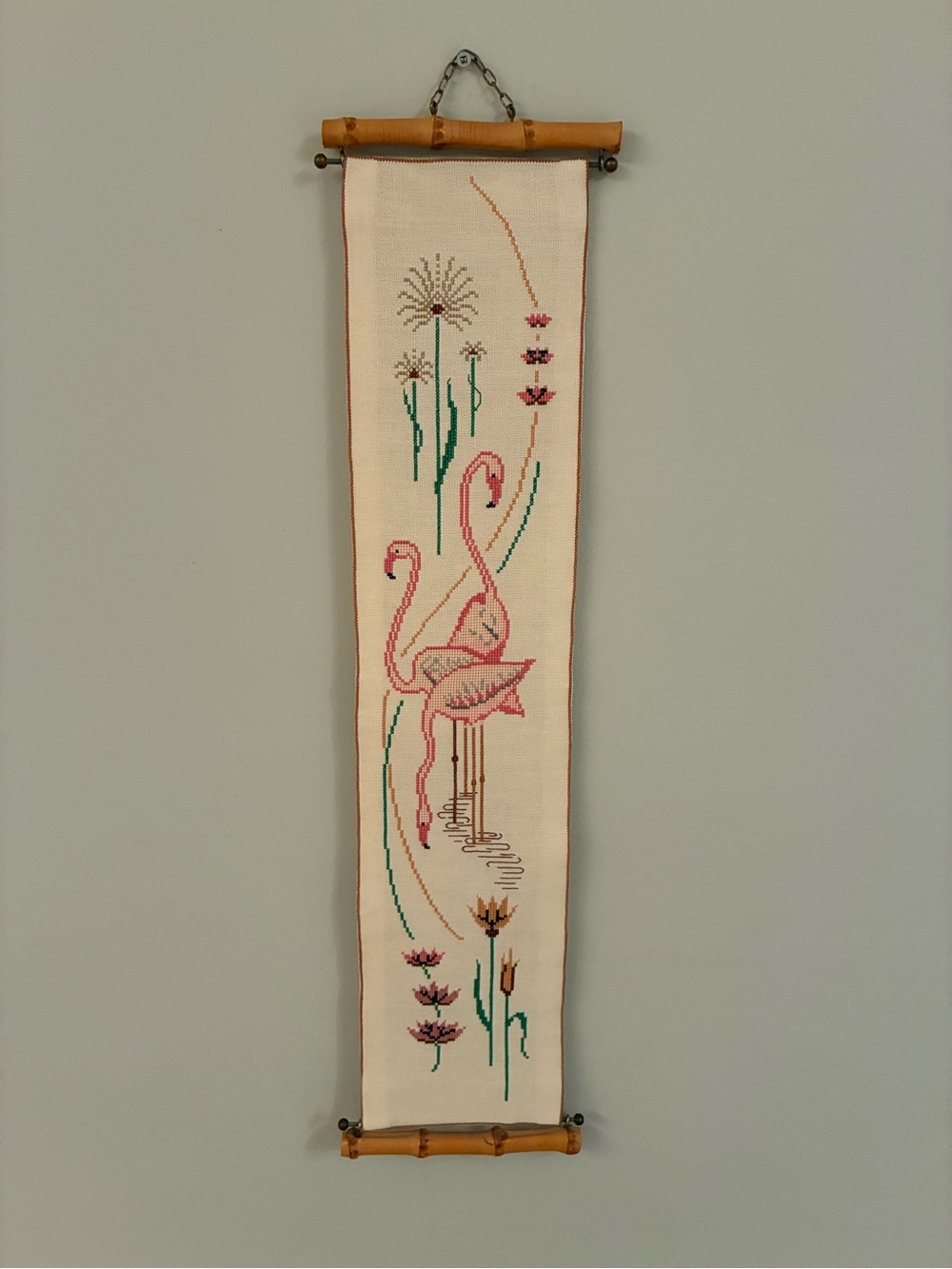 Vintage Handmade Reto Flamingo Embroidered Wall Hanging Bamboo Banner